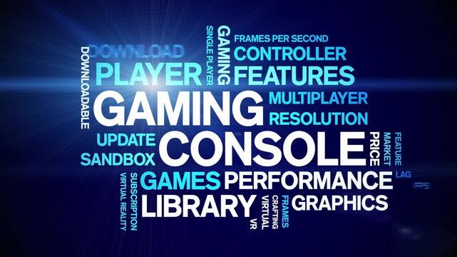 Gaming Console animated word cloud-gross domestic product animation tag kinetic typography seamless loop.