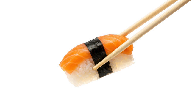 Salmon sushi piece held by chopsticks isolated on white background ready to eat