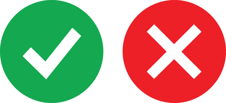 Green check mark and red cross sign icons for correct and incorrect choice selection and evaluation design elements Vector