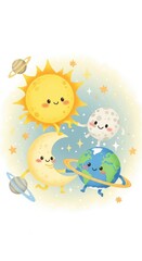 Fototapeta premium Adorable Cartoon Sun, Moon, Earth, and Planets with Smiling Faces in Space Scene