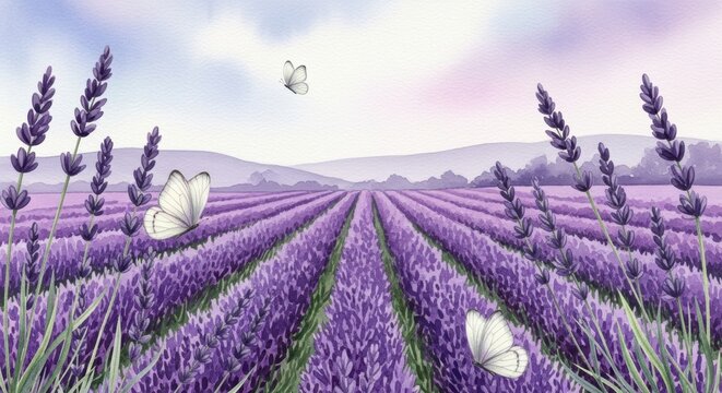 Serene lavender field with butterflies and distant mountains in a dreamy landscape scene
