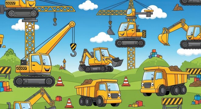 Cartoon Construction Site with Cranes Excavators and Trucks on Bright Landscape