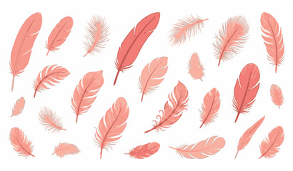 Exotic coral pink bird feathers vector collection for fashion and beauty design isolated on white © MstLutfa