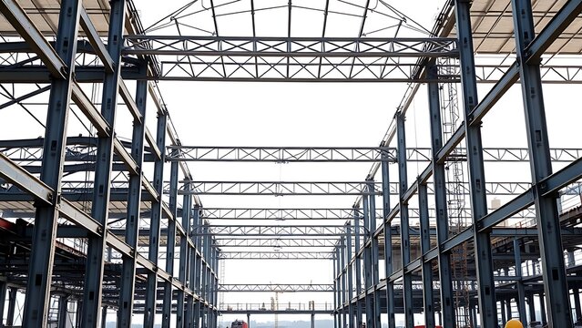 Industrial steel structure under construction, architectural elements with clean lines.