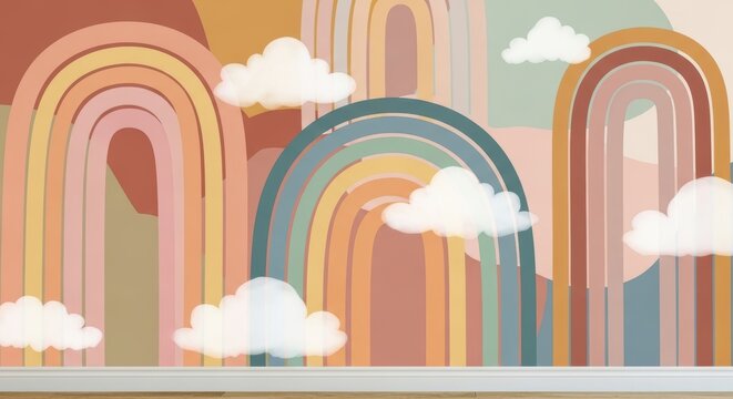 Pastel Rainbow Art Wall Mural with Clouds in Soft Color Palette for Home Decor