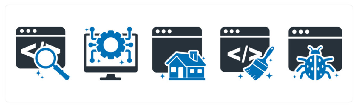 A set of 5 mix icons as code search, hypervisor, homepage