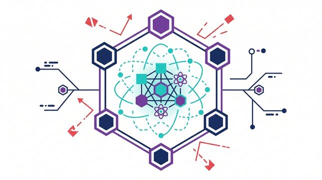 Abstract conceptual vector illustration depicting quantum computing, molecular structures, and advanced nanotechnology.