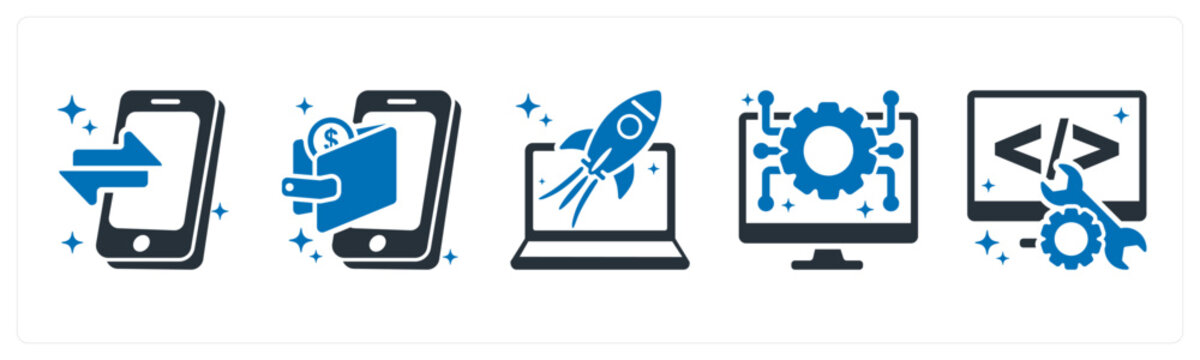 A set of 5 mix icons as phone sync, nfc technology, deploy