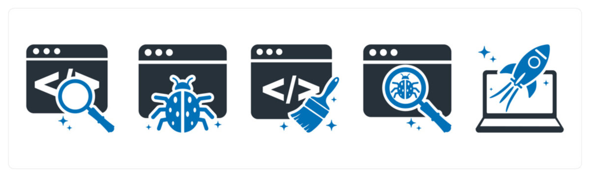A set of 5 mix icons as code search, bug, clean code