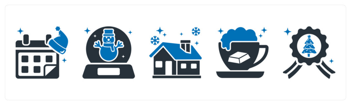 A set of 5 mix icons as christmas calendar, snowglobe, christmas house