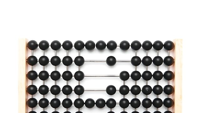 Black abacus beads arranged with mathematical precision on a stark white surface.