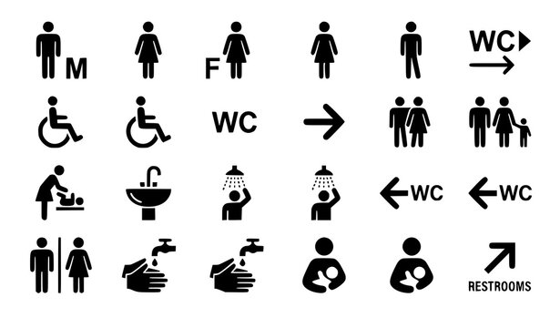 Restroom and Public Sign Icon Set with WC Accessibility and Directional Vector Symbols