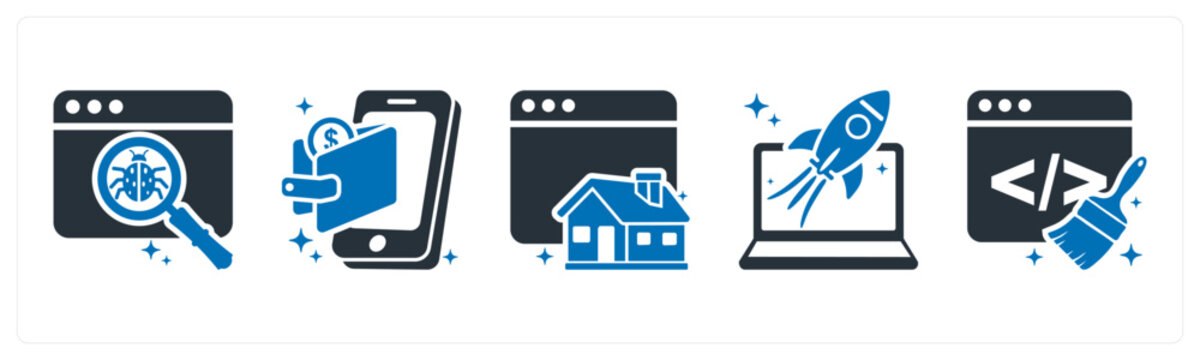 A set of 5 mix icons as debug, nfc technology, home page