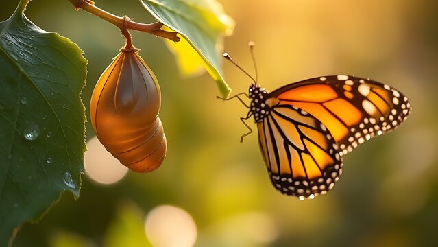 A chrysalis on a leaf, a newly emerged monarch butterfly drying its wings nearby with dew.