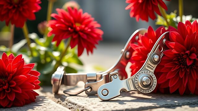 Silver spurs and bridle buckles beside vibrant red dahlias in bloom.