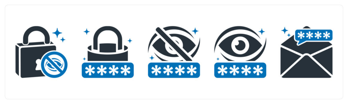 A set of 5 mix icons as privacy, password, password hide