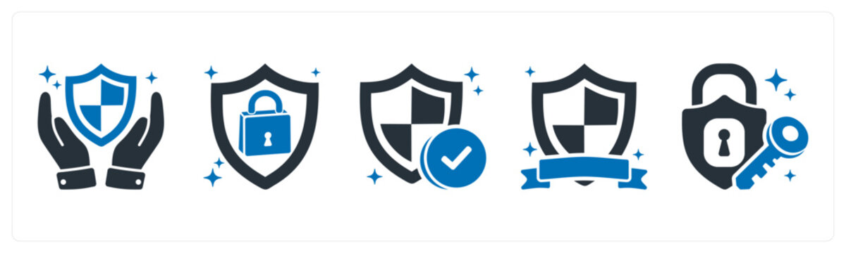 A set of 5 mix icons as protection, shield lock, shield check