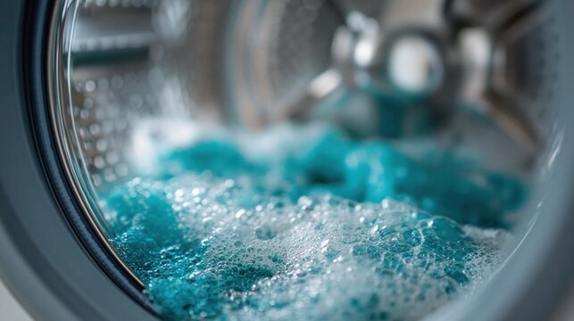Close-up of blue laundry detergent and suds swirling inside a washing machine drum during cycle