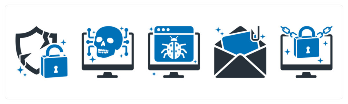 A set of 5 mix icons as vulnerability, exploit, malware