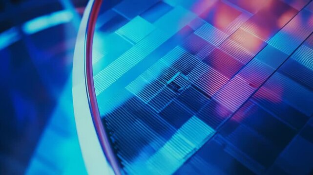 Close up view of a technology microchip with intricate circuitry, reflecting vibrant blue and magenta light, symbolizing advanced computing and digital innovation