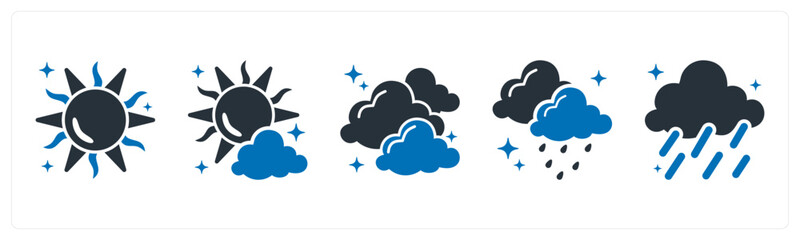 Fototapeta premium A set of 5 mix icons as sun, sunny, cloudy