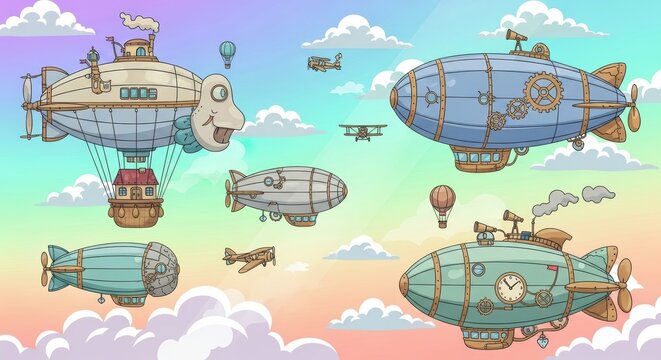 Whimsical Steampunk Airships Floating in Colorful Sky with Hot Air Balloons and Clouds