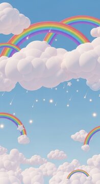 Vibrant, colorful rainbows across fluffy cloud sky with stars and whimsical sky scene