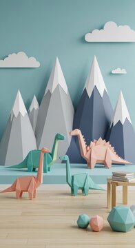 Playful Dinosaur Toy Collection with Mountain Backdrop and Paper Geometric Shapes