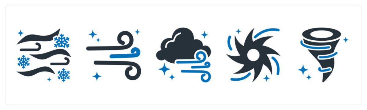 A set of 5 mix icons as blizzard, wind, breeze