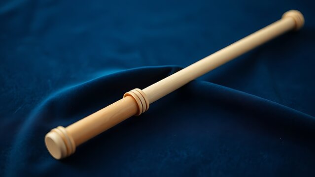 A classical conductor's baton resting on a piece of deep blue velvet.