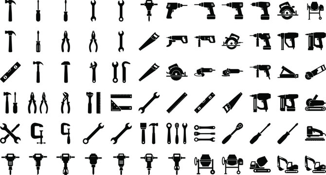 Mega pack construction power tools silhouette icons set featuring drill circular saw jackhammer wrench excavator and concrete mixer industrial equipment graphics