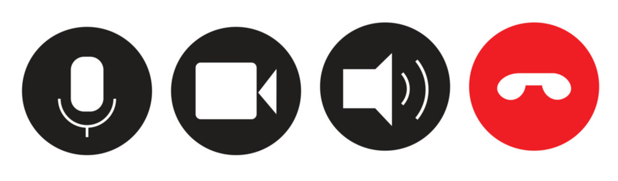 Minimalist video call icon set, flat microphone and camera buttons, digital communication interface elements, red end call and speaker symbols