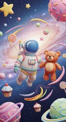 Naklejka premium Whimsical Space Adventure with Astronaut, Bear, and Candy in Outer Galaxy Scene