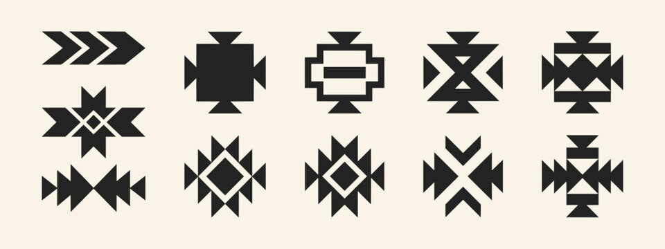Set of Ten Black Geometric Tribal Ethnic Symbols and Southwestern Pattern Elements
