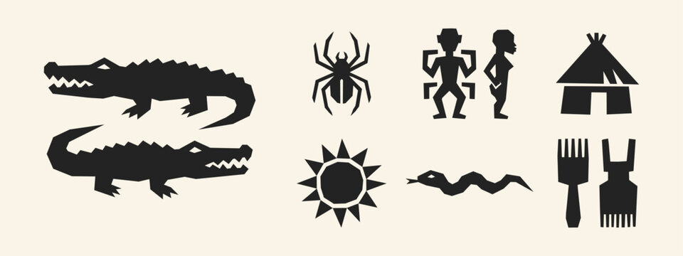 Collection of black tribal icons featuring crocodiles, spider, sun, hut, snake, and human silhouettes