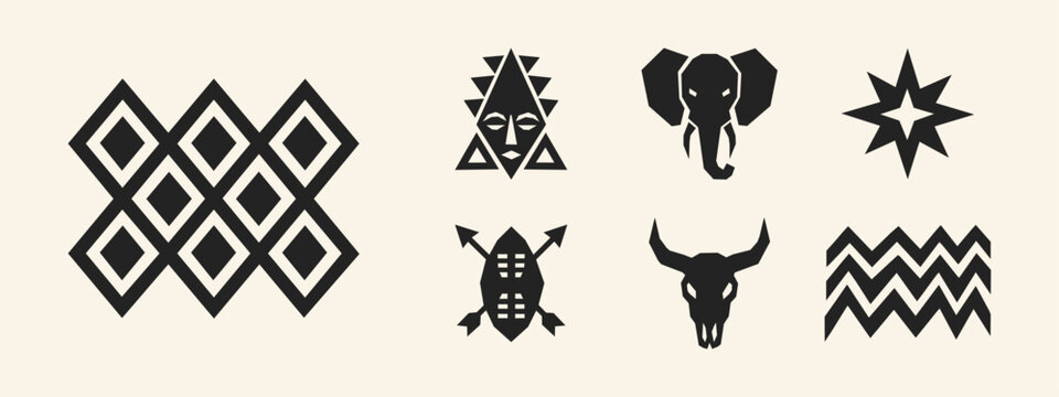 African Tribal Icons Set with Geometric Mask Elephant Shield Skull and Patterns