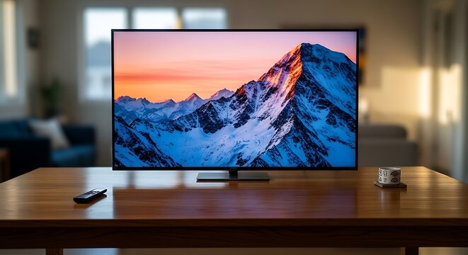 A large TV on a wooden table displays a snowy mountain landscape at sunset in a modern living room.