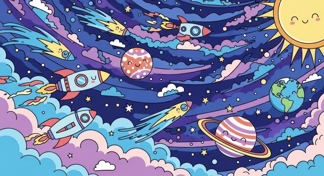 Whimsical Space Exploration Scene with Rockets Planets Stars and Sun in Cartoon Style