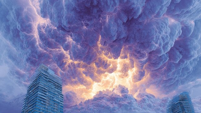 Massive, swirling purple mammatus clouds loom over a modern glass skyscraper. A bright, golden glow erupts from the center of the storm, creating a dramatic, apocalyptic scene.