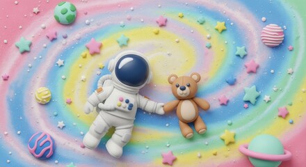 Fototapeta premium Playful Space-themed Scene with Astronaut Toy, Teddy Bear, and Colorful Background