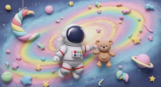 Cute Cartoon Style Space Theme Illustration with Astronaut and Teddy Bear