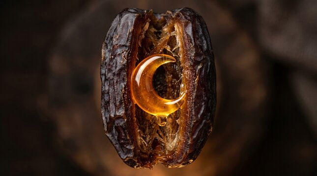 Ramadan date fruit being opened to reveal a crescent moon made of honey inside