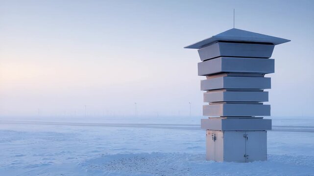 Minimalist weather station stands alone in a vast snowfield beneath a clear blue sky, cold and serene, with distant wind turbines hinting at renewable energy and scientific monitoring