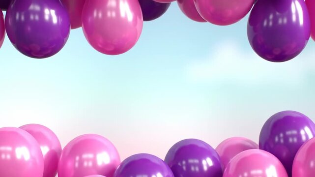 Balloons in shades of purple and pink frame a bright, blurred backdrop