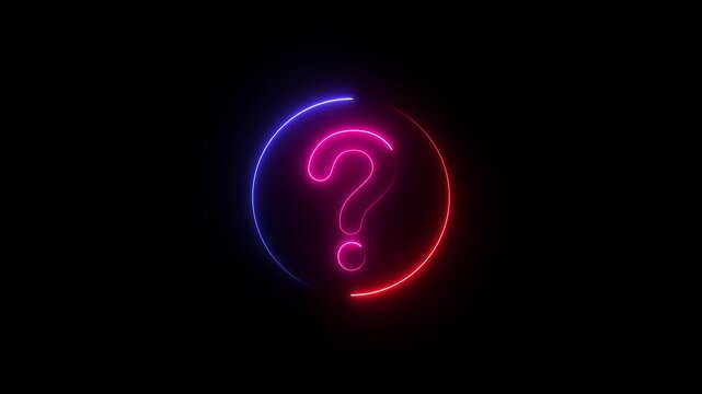 Neon question mark icon animation glowing neon blue color confusion mark circle with sign symbol black background