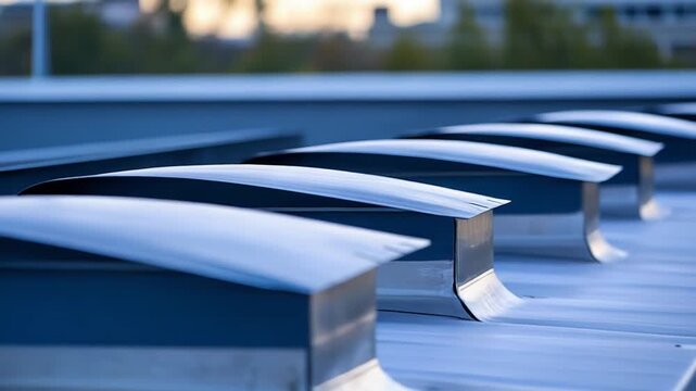 Metal roof vents lined up in rows on top of an industrial building, providing ventilation for the interior structure with modern architectural design at dusk