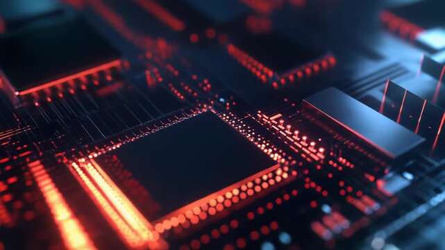 Microchip processing digital data and electric signals on a complex computer circuit board, creating a powerful visualization of modern technology, electronics, and artificial intelligence