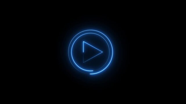 Neon blue color play button icon animation glowing audio video start stop player button icon with black background