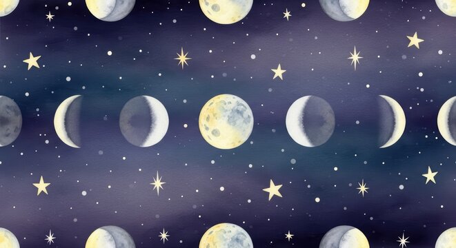 Artistic Illustration of Moon Phases with Stars and Night Sky Background