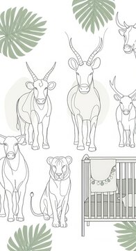 Minimalist Line Drawing of Antelope and Lion with Green Tropical Leaves for Decor